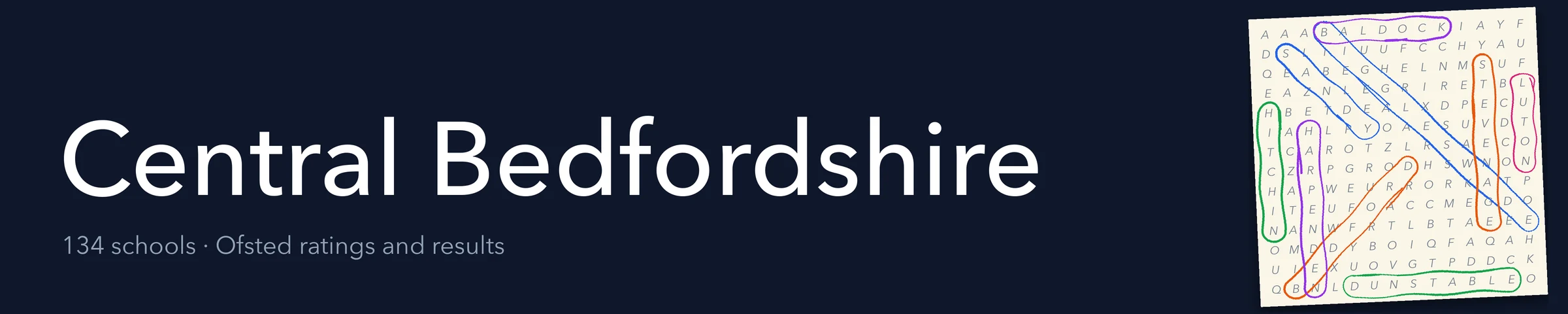 A word search hiding Central Bedfordshire and its nearest neighbours