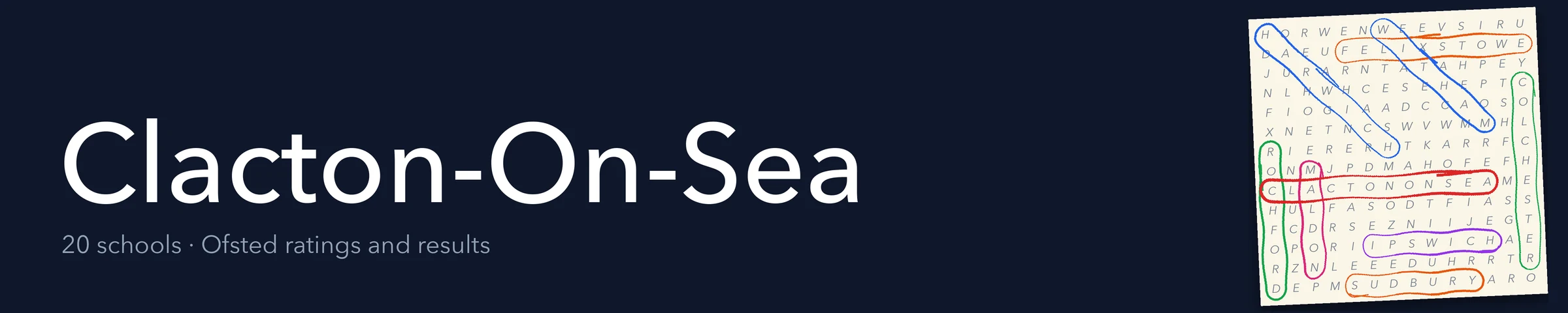 A word search hiding Clacton-On-Sea and its nearest neighbours