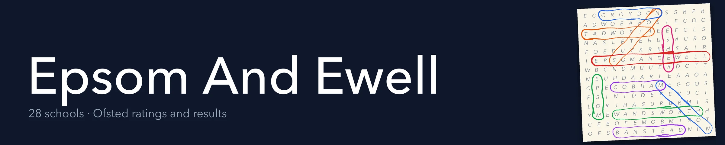 A word search hiding Epsom And Ewell and its nearest neighbours