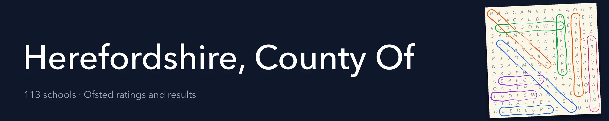 A word search hiding Herefordshire, County Of and its nearest neighbours