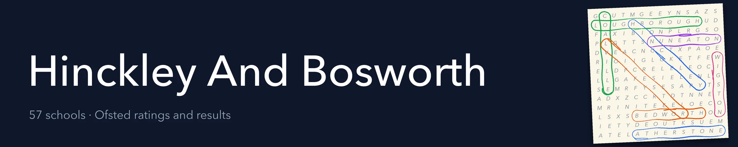 A word search hiding Hinckley And Bosworth and its nearest neighbours