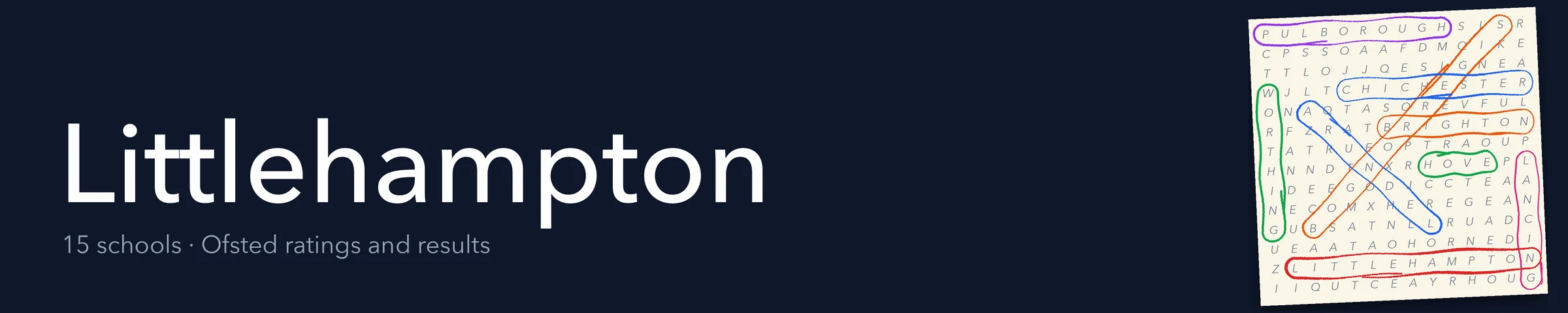 A word search hiding Littlehampton and its nearest neighbours