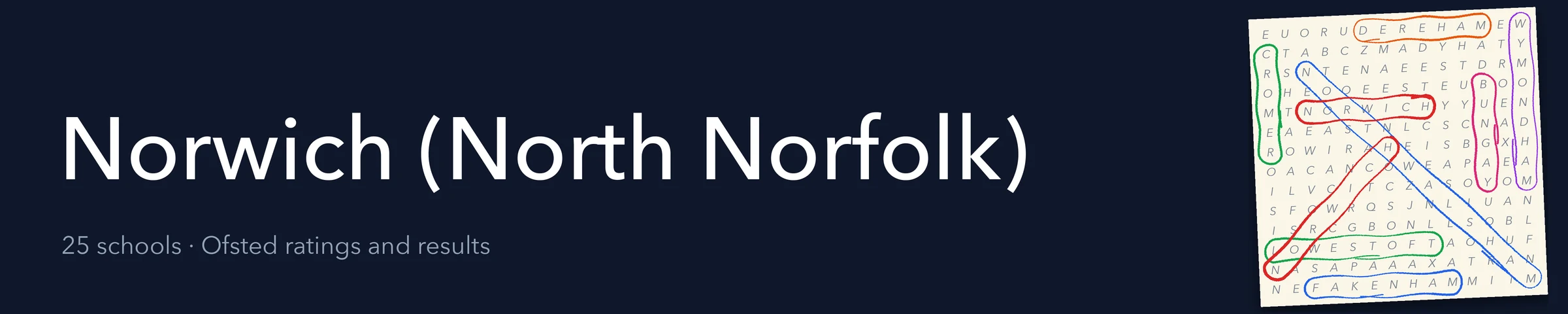 A word search hiding Norwich (North Norfolk) and its nearest neighbours