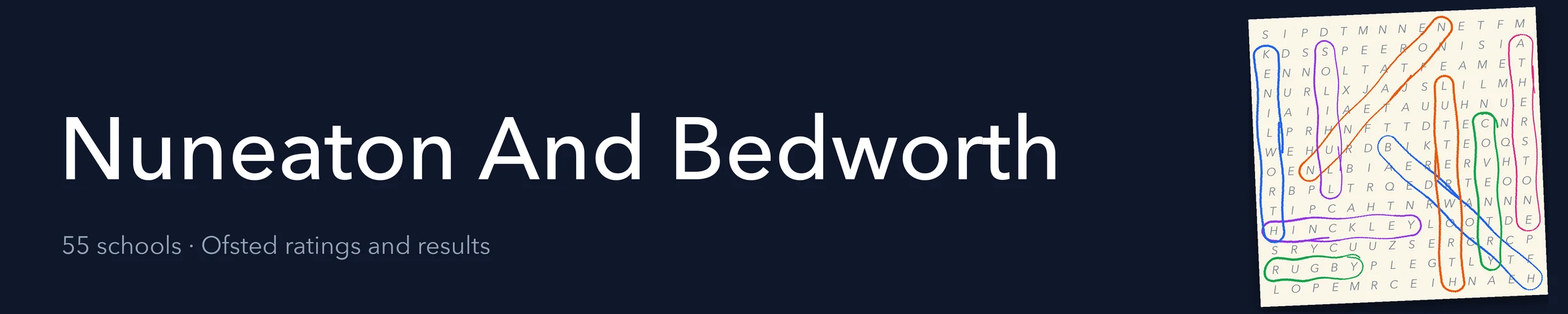 A word search hiding Nuneaton And Bedworth and its nearest neighbours