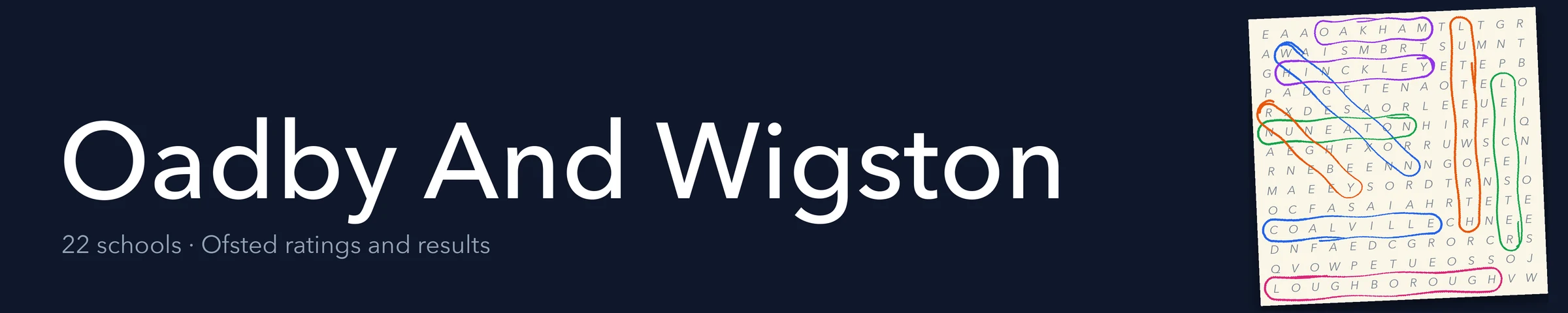 A word search hiding Oadby And Wigston and its nearest neighbours