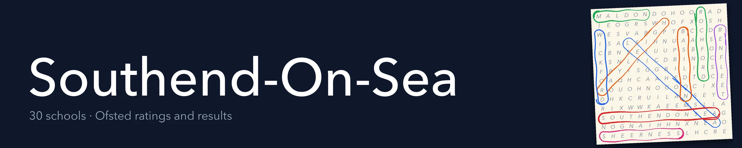 A word search hiding Southend-On-Sea and its nearest neighbours